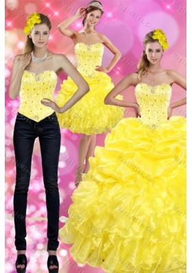 Most Popular and Detachable Yellow 2015 Quince Dresses with Beading and Ruffles