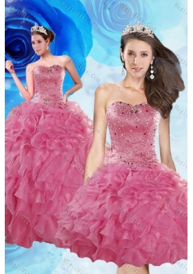 Luxurious and Detachable Coral Red Quince Dresses with Beading and Ruffles