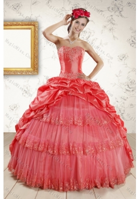 2015 Strapless Coral Red Quinceanera Dresses with Pick Ups and Beading