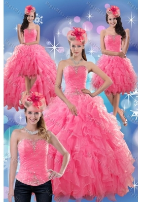 2015 Beautiful Rose Pink Strapless Sweet Fifteen Dresses with Ruffles and Beading