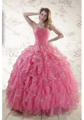 2015 Elegant Rose Pink Quince Dresses with Paillette and Ruffles