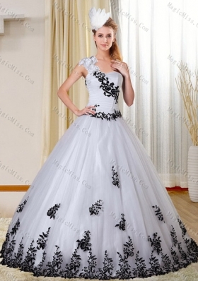 New Style One Shoulder White and Black Quinceanera Dress with Appliques for 2015