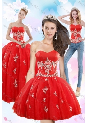 2015 Exquisite Strapless Red Quince Dresses With Appliques