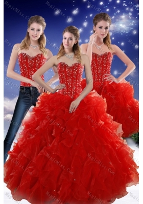 2015 Perfect Red Sweetheart Quince Dresses with Beading and Ruffles