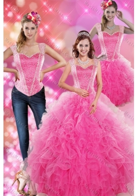 Decent Hot Pink 2015 Sweet Fifteen Dresses with Beading and Ruffles