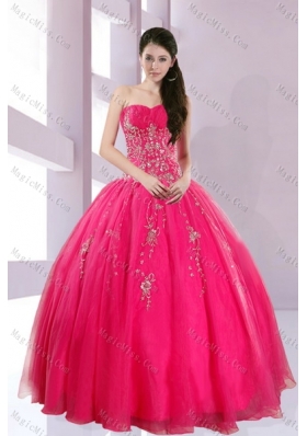 2015 Fshionable Strapless Hot Pink Quince Dresses with Appliques