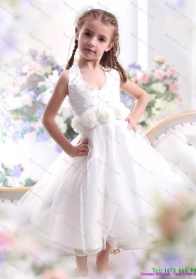 Fashionable Halter Top White Mini Length Little Girl Pageant Dress with Hand Made Flower
