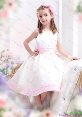 Fashionable White Scoop Little Girl Pageant Dress with Light Pink Bownot
