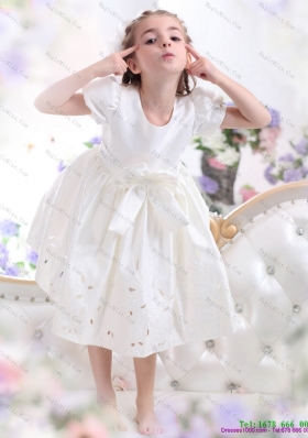White Scoop 2015 Fashionable Little Girl Pageant Dress with Bownot and Cap Sleeves