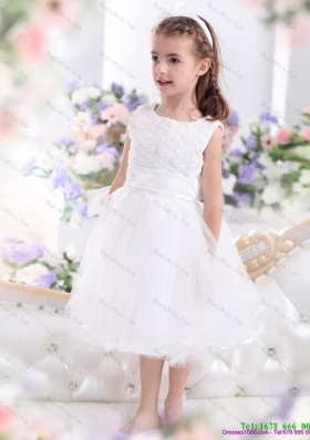 Scoop Tea Length White 2015 Fashionable Little Girl Pageant Dress with Sash