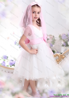 Fashionable White Little Girl Pageant Dress with Baby Pink Waistband and Hand Made Flower
