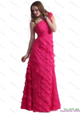 One Shoulder Plus Size Prom Dresses with Ruffled Layers and Hand Made Flower