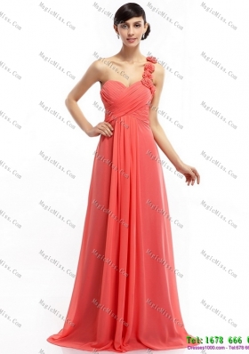 Watermelon Red One Shoulder Plus Size Prom Dresses with Brush Train and Hand Made Flowers