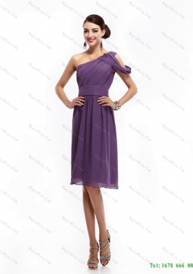 2015 Plus Size and One Shoulder Dark Purple Prom Dresses with Ruching
