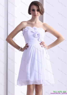 Plus Size White Strapless Prom Dresses with Ruching and Hand Made Flower