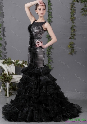 2015 Elegant Mermaid Prom Dress with Ruffled Layers and Brush Train