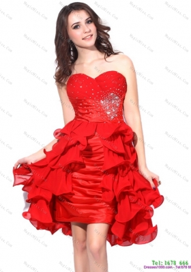 Red Ruching Sweetheart Prom Dresses with Beading and Ruffles