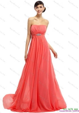 Watermelon Beading Long Prom Dresses with Ruching and Sweep Train
