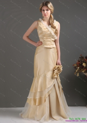 Plus Size Champagne Long Prom Dresses with Ruffles and Hand Made Flower
