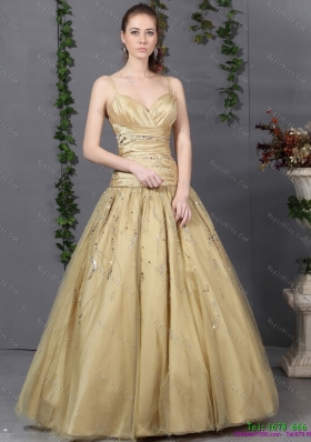 Luxurious and Plus Size 2015 Spaghetti Straps Champagne Prom Dress with Ruching and Beading