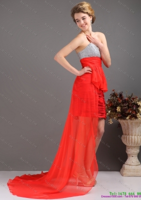 Brush Train Red High Low Prom Dresses with Ruching and Beading