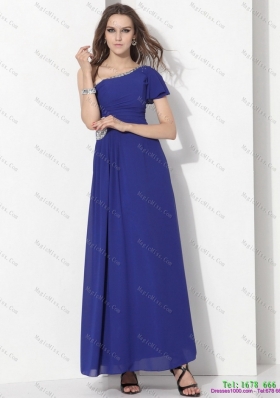 2015 Modest One Shoulder Blue Dama Dress with Ruching and Beading