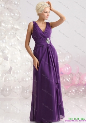 Elegant V Neck Floor Length 2015 Dama Dress with Beading and Ruching