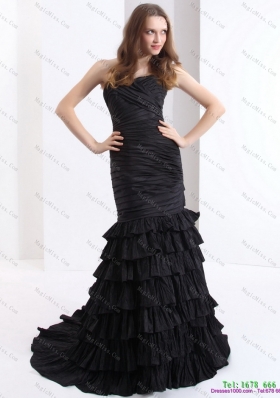 Brush Train 2015 Black Dama Dresses with One Shoulder and Ruffled Layers
