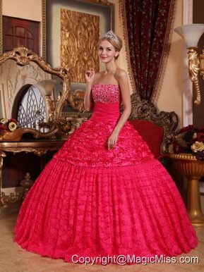 Red A-line Strapless Floor-length Fabric With Roling Flowers Beading Quinceanera Dress