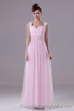Pink Custom Made Prom Dress With Square Beading Tulle and Floor-length
