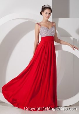 Pretty Red Empire Straps Prom Dress Chiffon Beading and Ruch Floor-length