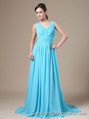 Aqua Blue V-neck and Ruched Bodice For Modest Prom Dress In Salt Lake City