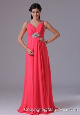 Coral Red V-neck Beading and Ruch Prom Dress With Floor-length In Norwalk Connecticut