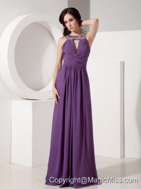 Purple Empire Scoop Neck Floor-length Chiffon Beading Prom Dress