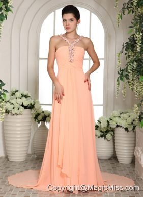 Baby Pink Straps Beading and Ruch Prom Dress With Court Train