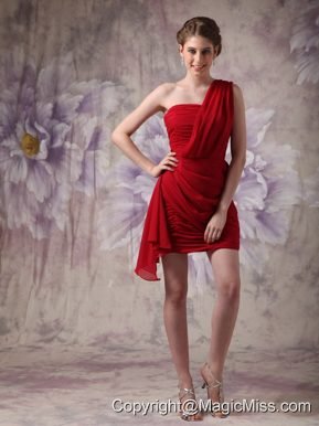 Low price Red Column One Shoulder Prom Dress Chiffon Ruch Mini-length