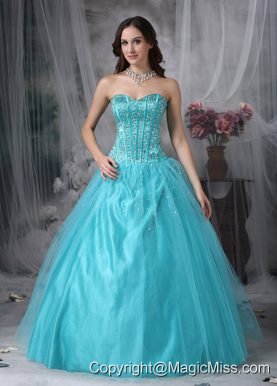Aque Blue A-line Sweetheart Floor-length Tulle Beading Prom Dress