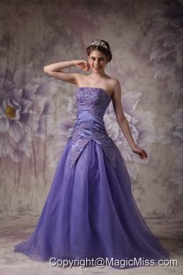 Lilac A-line Strapless Brush Train Organza Appliques Prom / Evening Dress