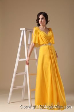 Yellow Empire V-neck Floor-length Chiffon Beading Prom Dress