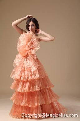 Orange Red A-line STrapless Brush Train Organza Pleat Prom Dress