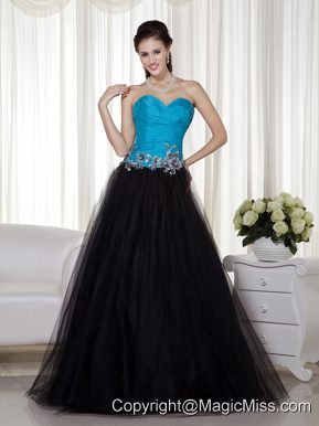 Blue and Black A-line Sweetheart Floor-length Taffeta and Tulle Appliques Prom Dress