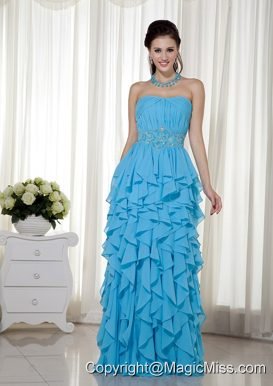 Aqua Blue Empire Strapless Floor-length Chiffon Beading Prom Dress