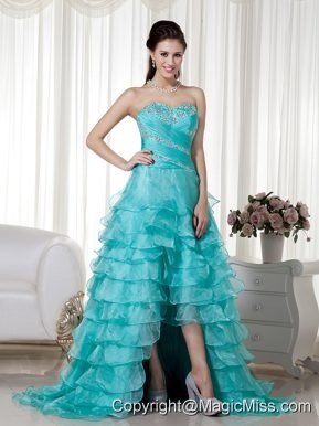 Turquoise A-line Sweetheart Brush Train Organza Beading Prom / Evening Dress