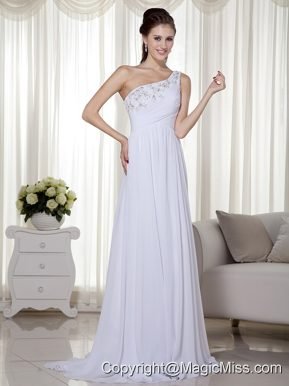 White Column One Shoulder Brush Train Chiffon Beading and Ruch Prom / Celebrity Dress