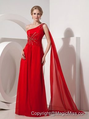 Pretty Red Evening Dress Empire One Shoulder Chiffon Beading Watteau Train