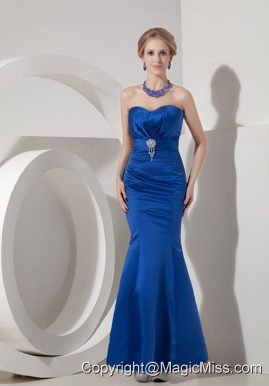 Modest Royal Blue Evening Dress Mermaid Sweetheart Elastic Woven Satin Beading Ankle-length