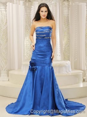 Mermaid Royal Blue and Court Train For Prom Dress Beaded Decorate Bust Hand Made Flowers