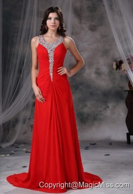 Grinnell Iowa Beaded Decorate Scoop Neckline and Bust Brush Train Red Chiffon Exclusive Style For 2013 Prom / Evening Dress