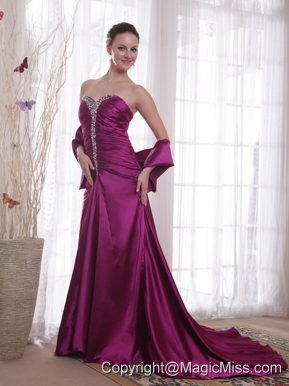 Dark Purple A-Line / Princess Sweetheart Court Train Taffeta Beading Prom Dress
