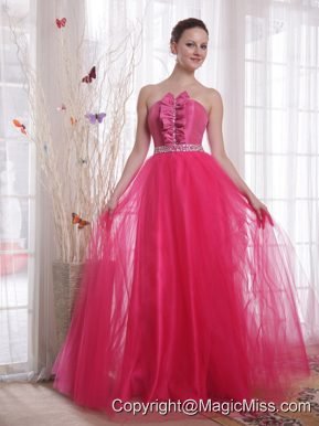 Hot Pink A-Line/Princess Strapless Floor-length Tulle Beading Prom Dress